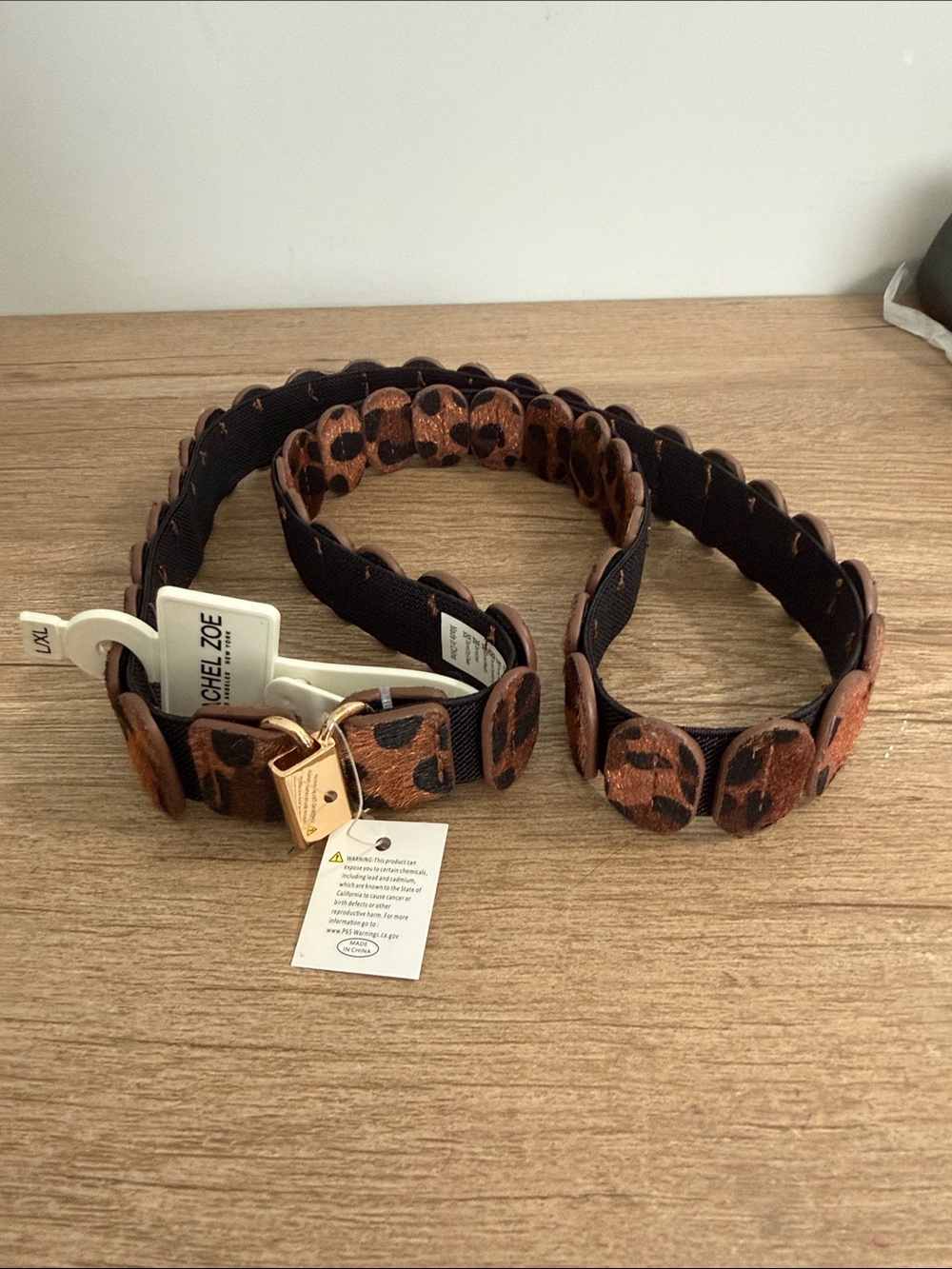 Rachel Zoe Brown Leopard Look Belt with Gold Buckle, L/XL
